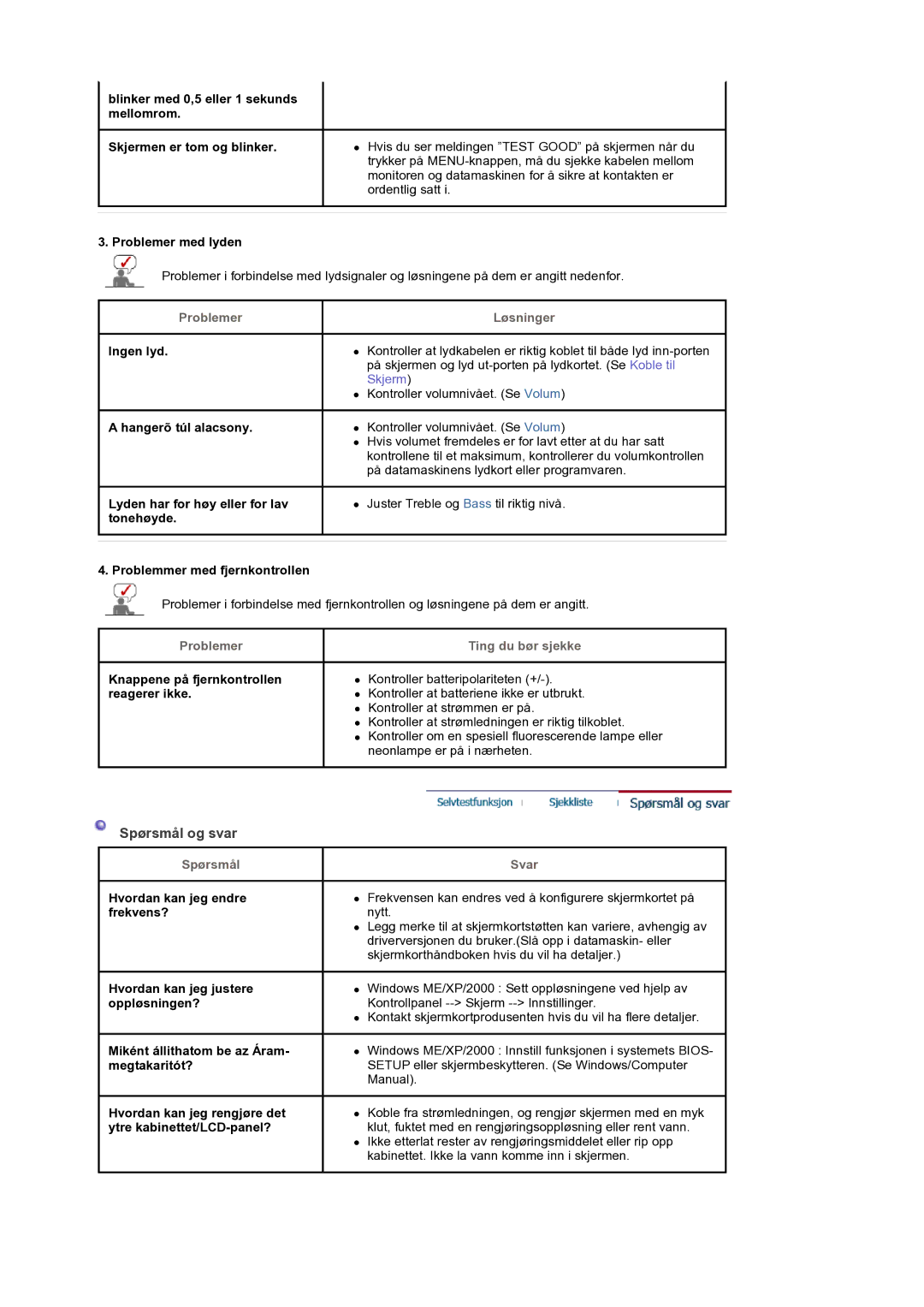 Samsung LS19DOCSSK/EDC manual Spørsmål og svar, Ting du bør sjekke, Svar 