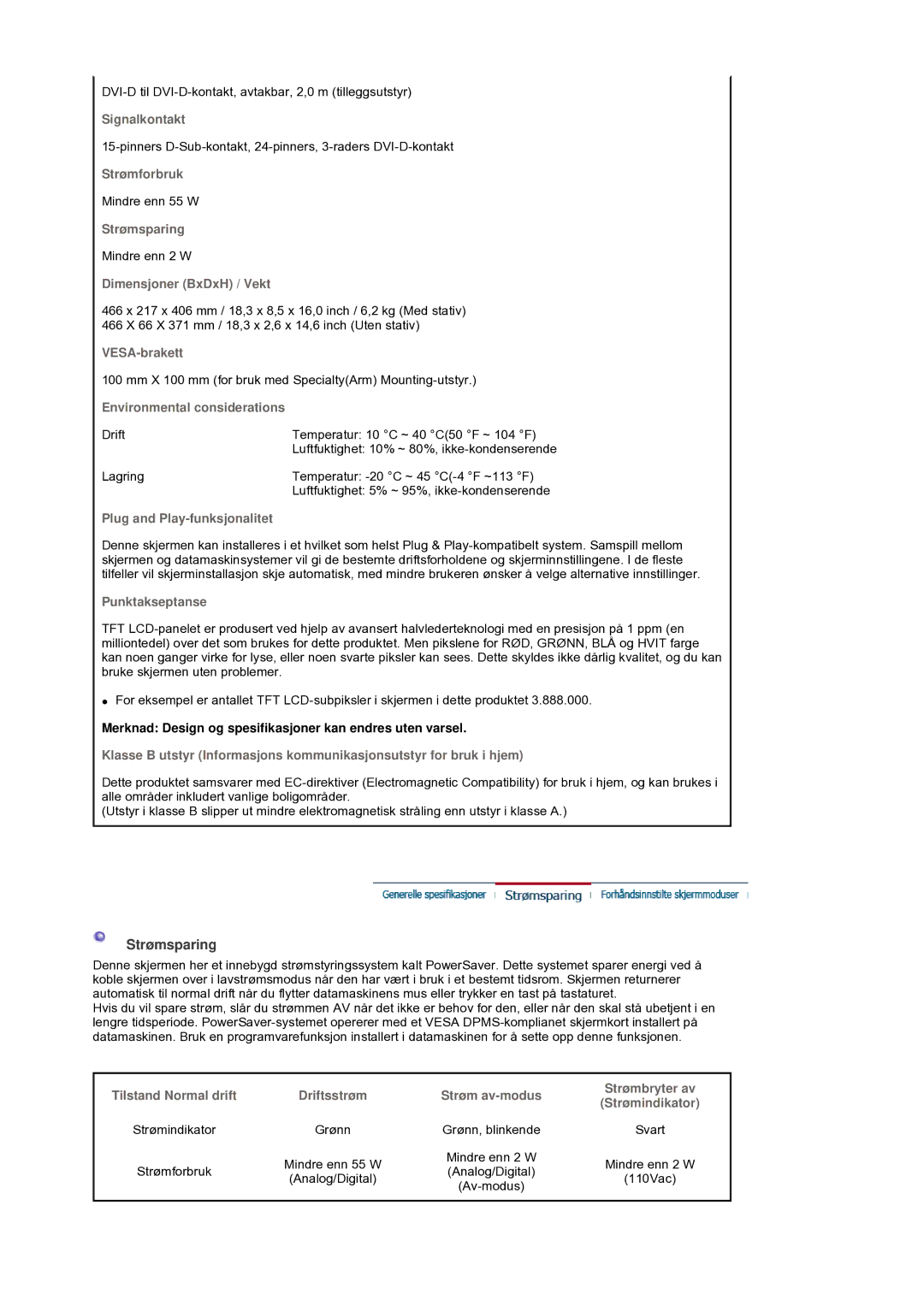 Samsung LS19DOCSSK/EDC manual Strømsparing 