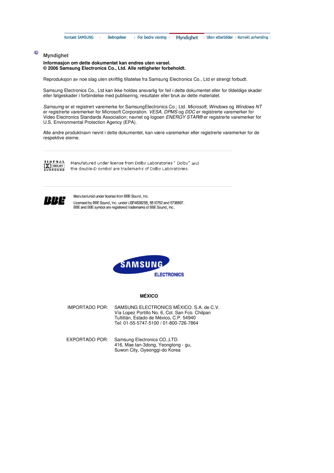 Samsung LS19DOCSSK/EDC manual Myndighet, Informasjon om dette dokumentet kan endres uten varsel 