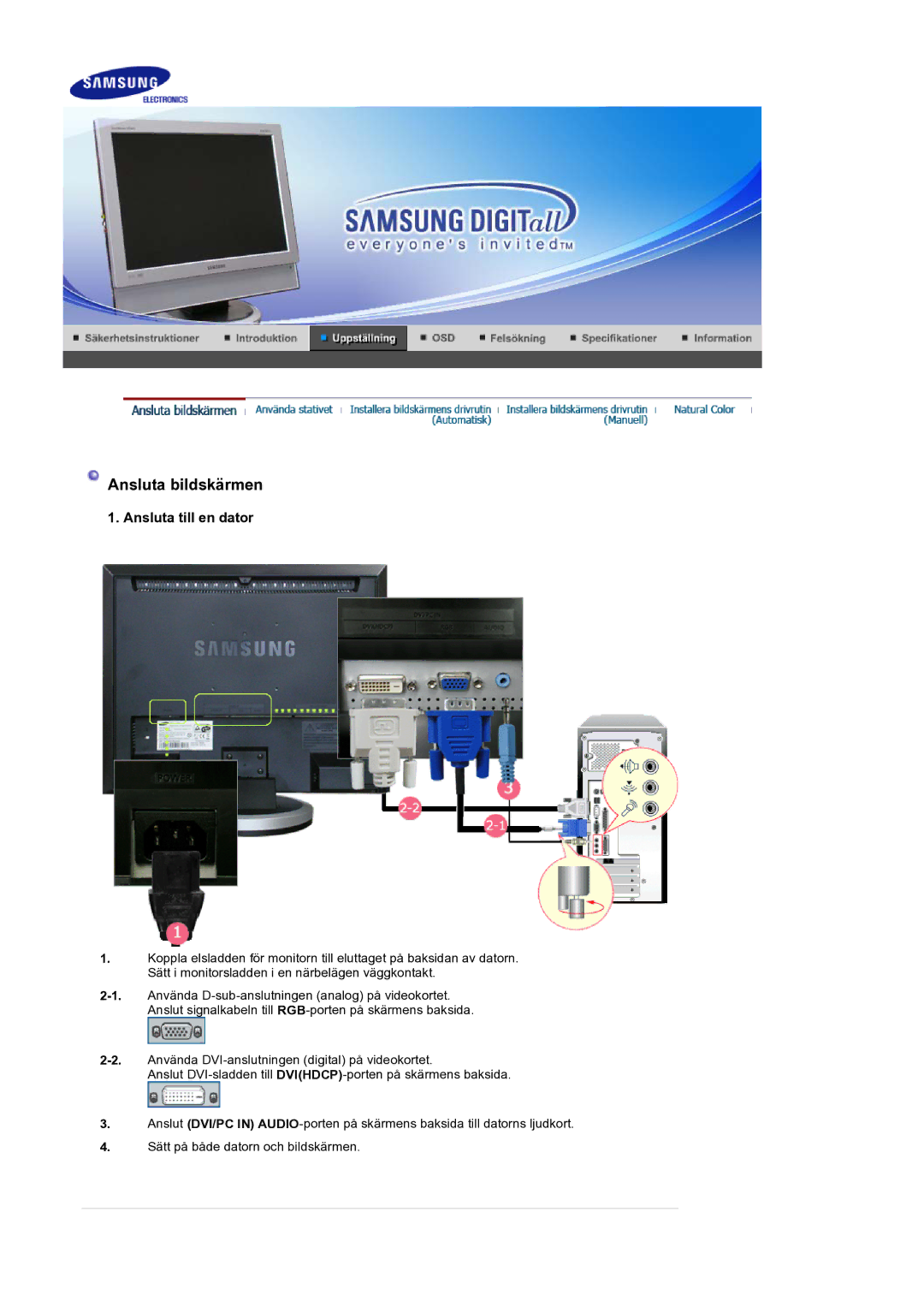 Samsung LS19DOCSSK/EDC manual Ansluta bildskärmen 