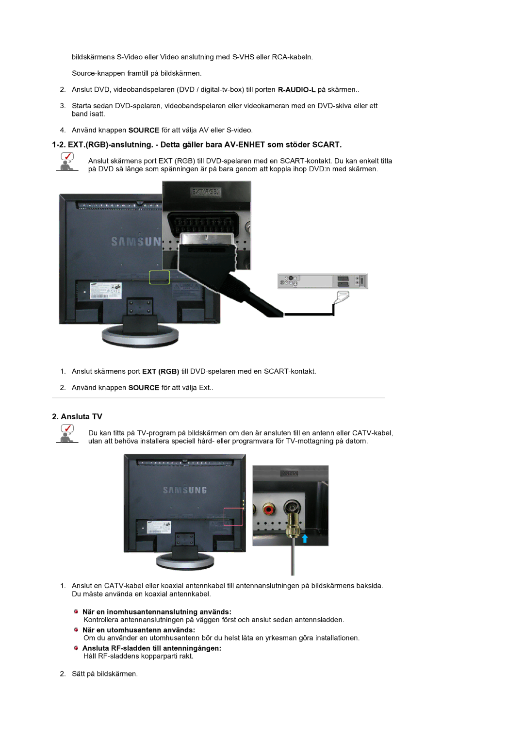 Samsung LS19DOCSSK/EDC manual När en inomhusantennanslutning används, När en utomhusantenn används 