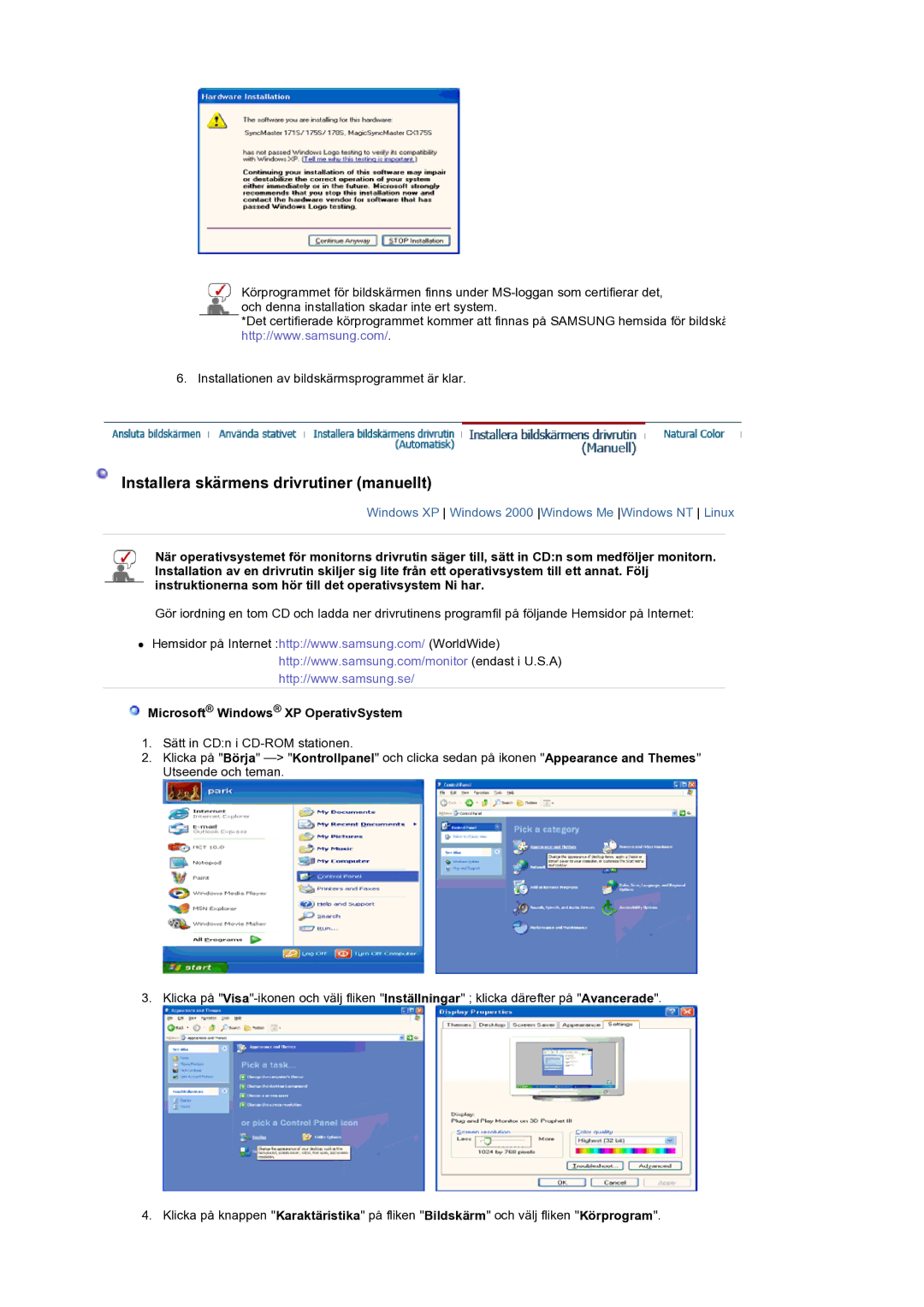 Samsung LS19DOCSSK/EDC manual Installera skärmens drivrutiner manuellt, Microsoft Windows XP OperativSystem 