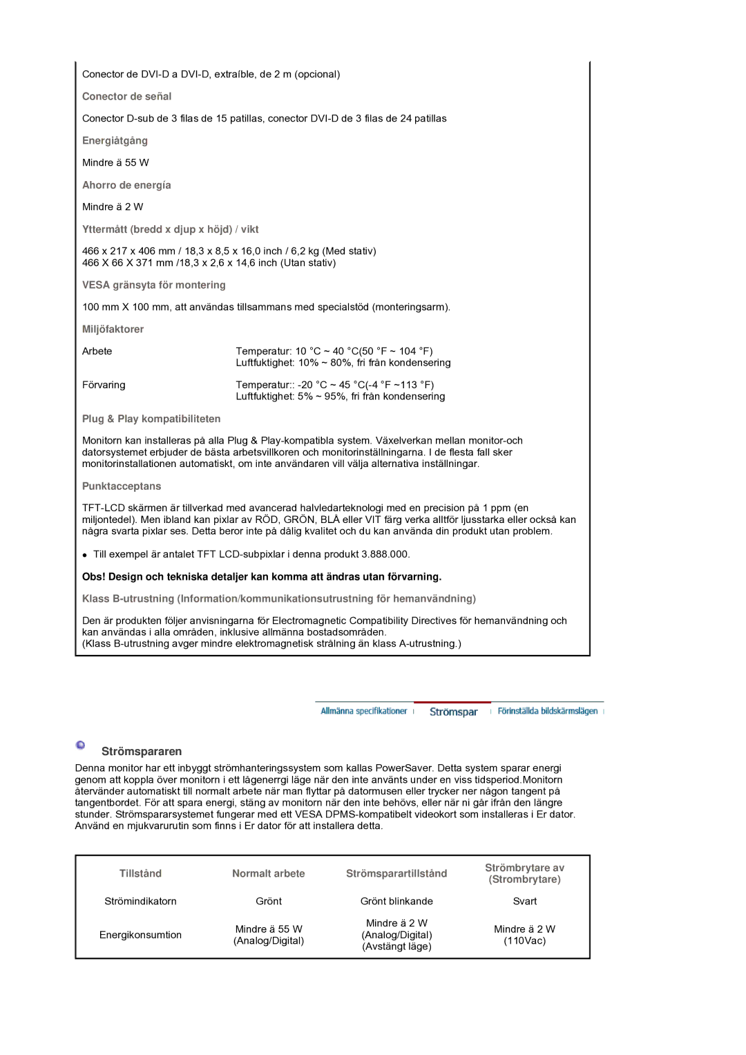 Samsung LS19DOCSSK/EDC manual Strömspararen 