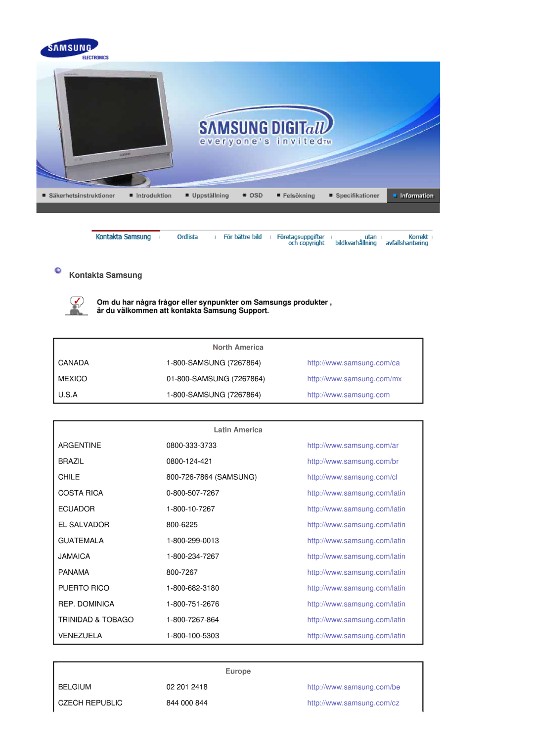 Samsung LS19DOCSSK/EDC manual Kontakta Samsung, North America, Latin America, Europe 