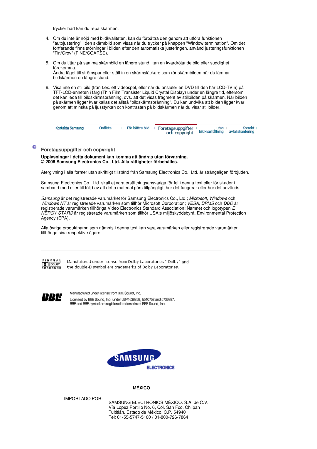 Samsung LS19DOCSSK/EDC manual Företagsuppgifter och copyright, México 