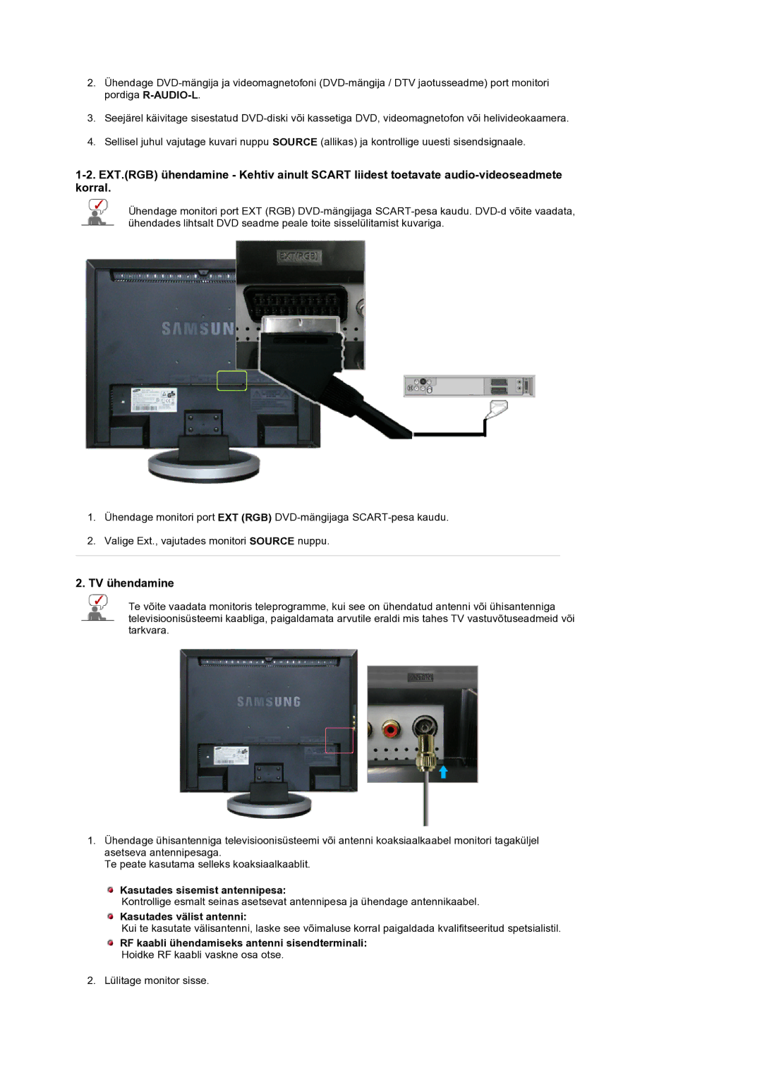 Samsung LS19DOCSSK/EDC manual TV ühendamine, Kasutades sisemist antennipesa, Kasutades välist antenni 