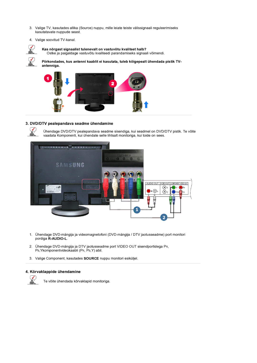 Samsung LS19DOCSSK/EDC manual DVD/DTV pealepandava seadme ühendamine, Kõrvaklappide ühendamine 