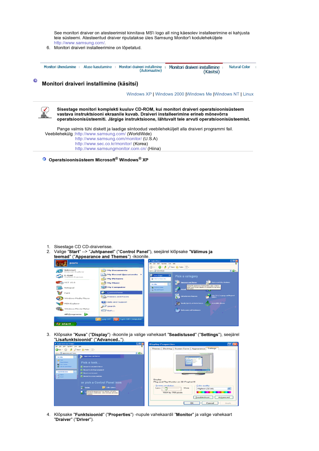 Samsung LS19DOCSSK/EDC manual Monitori draiveri installimine käsitsi, Operatsioonisüsteem Microsoft Windows XP 