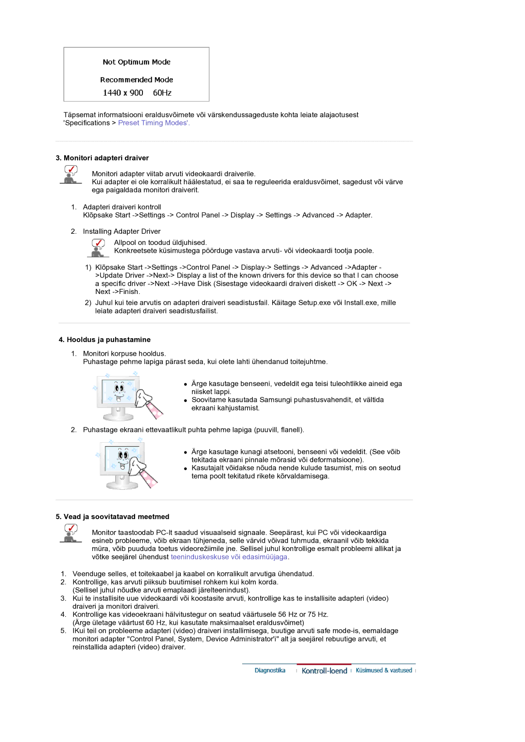 Samsung LS19DOCSSK/EDC manual Monitori adapteri draiver, Hooldus ja puhastamine, Vead ja soovitatavad meetmed 