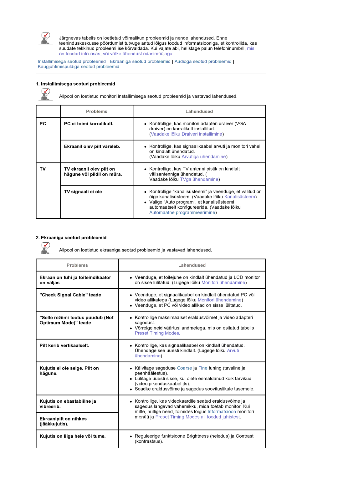 Samsung LS19DOCSSK/EDC manual Problems Lahendused 