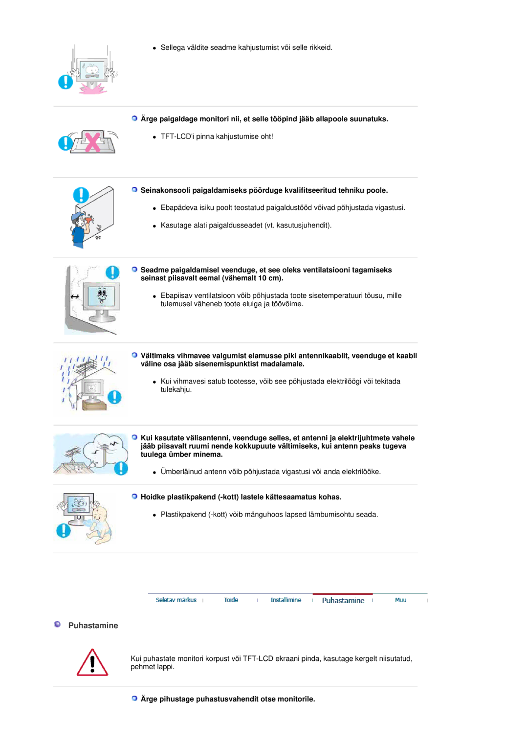 Samsung LS19DOCSSK/EDC manual Puhastamine, Hoidke plastikpakend -kott lastele kättesaamatus kohas 