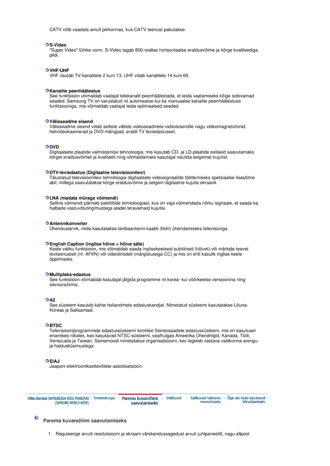 Samsung LS19DOCSSK/EDC manual Parema kuvarežiimi saavutamiseks 