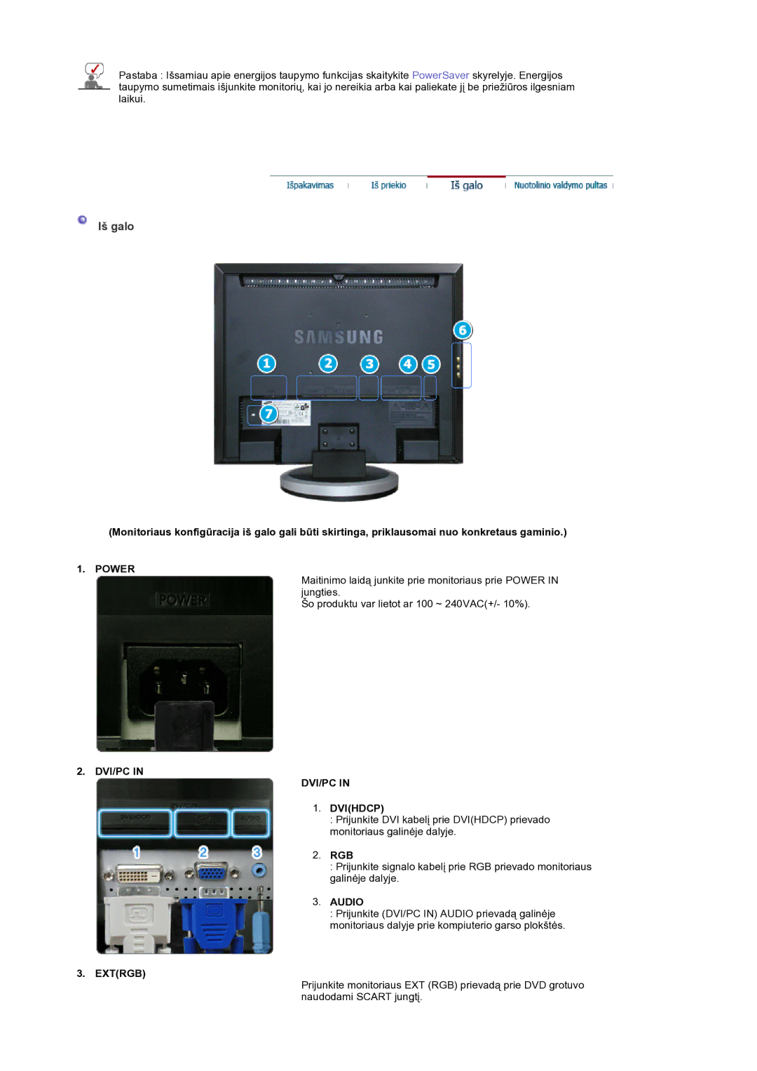 Samsung LS19DOCSSK/EDC manual Iš galo, Power, DVI/PC Dvihdcp, Audio, Extrgb 