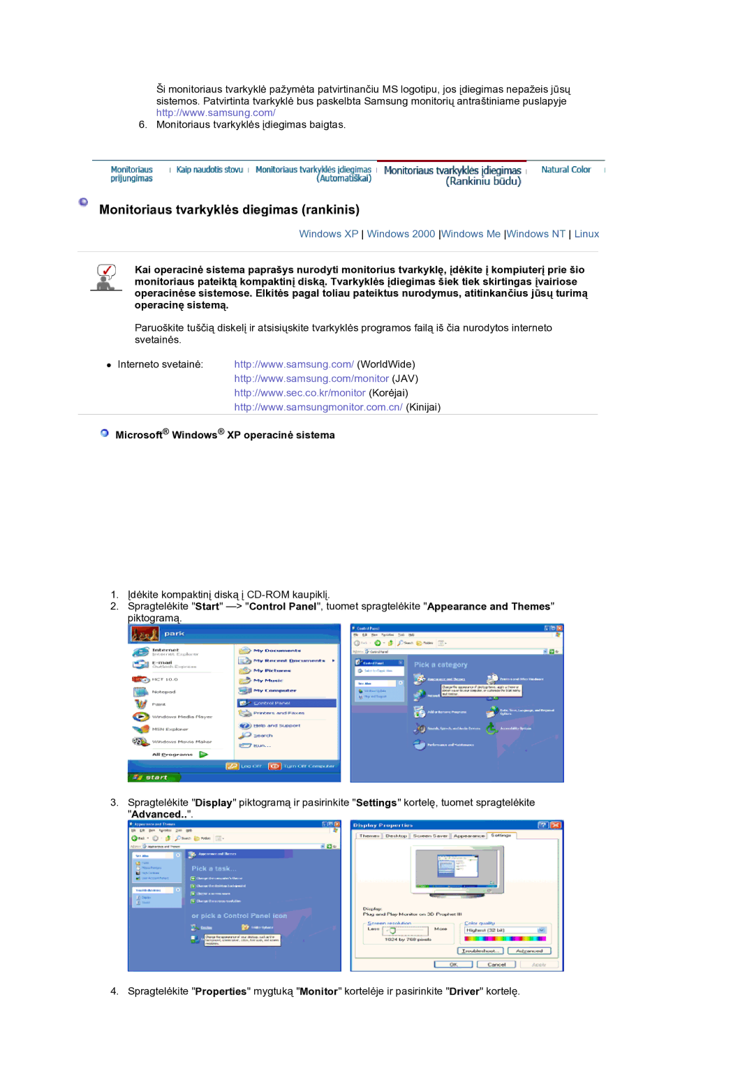 Samsung LS19DOCSSK/EDC manual Monitoriaus tvarkyklơs diegimas rankinis, Microsoft Windows XP operacinơ sistema 