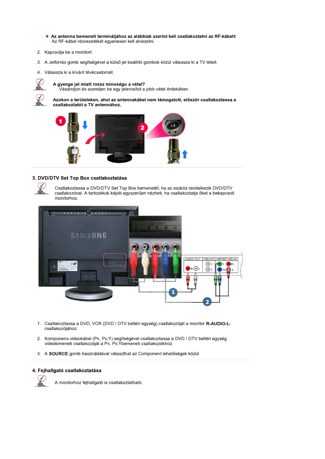 Samsung LS19DOCSSK/EDC manual DVD/DTV Set Top Box csatlakoztatása, Fejhallgató csatlakoztatása 