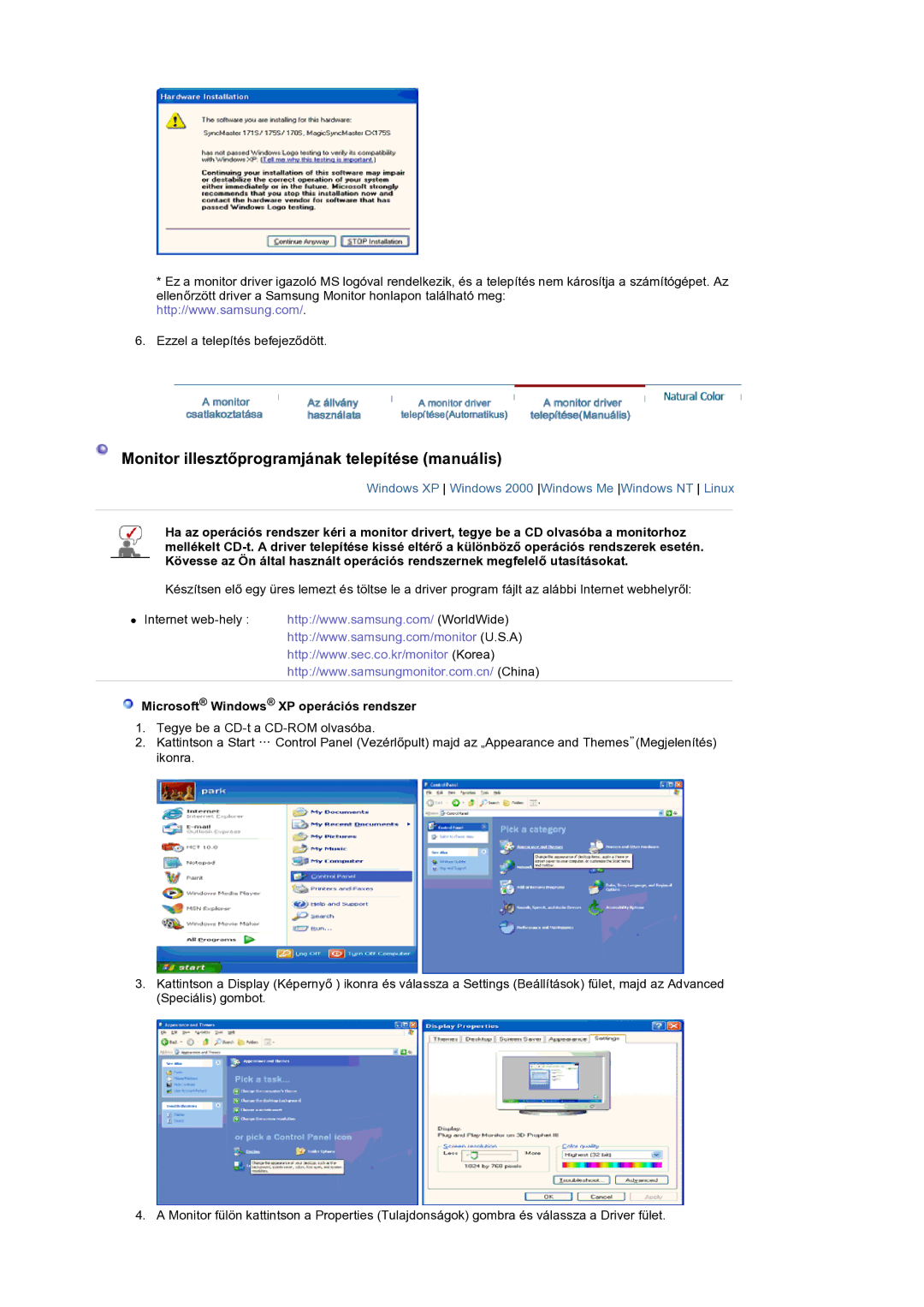 Samsung LS19DOCSSK/EDC manual Monitor illesztĘprogramjának telepítése manuális, Microsoft Windows XP operációs rendszer 