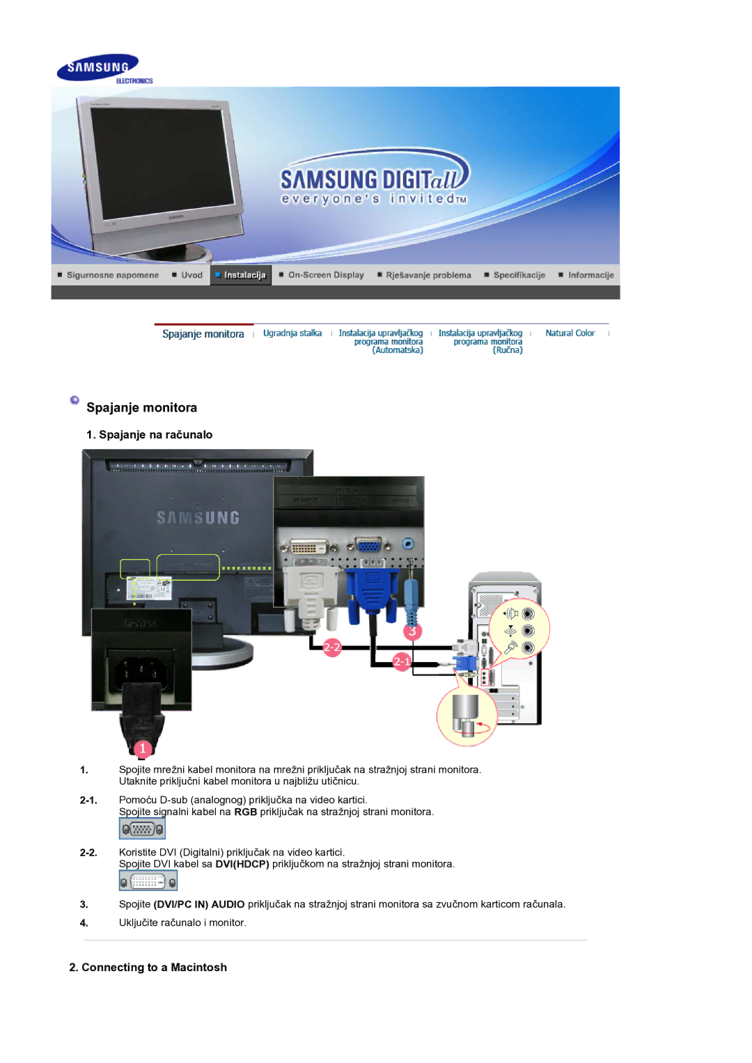 Samsung LS19DOCSSK/EDC manual Spajanje na raþunalo, Connecting to a Macintosh 