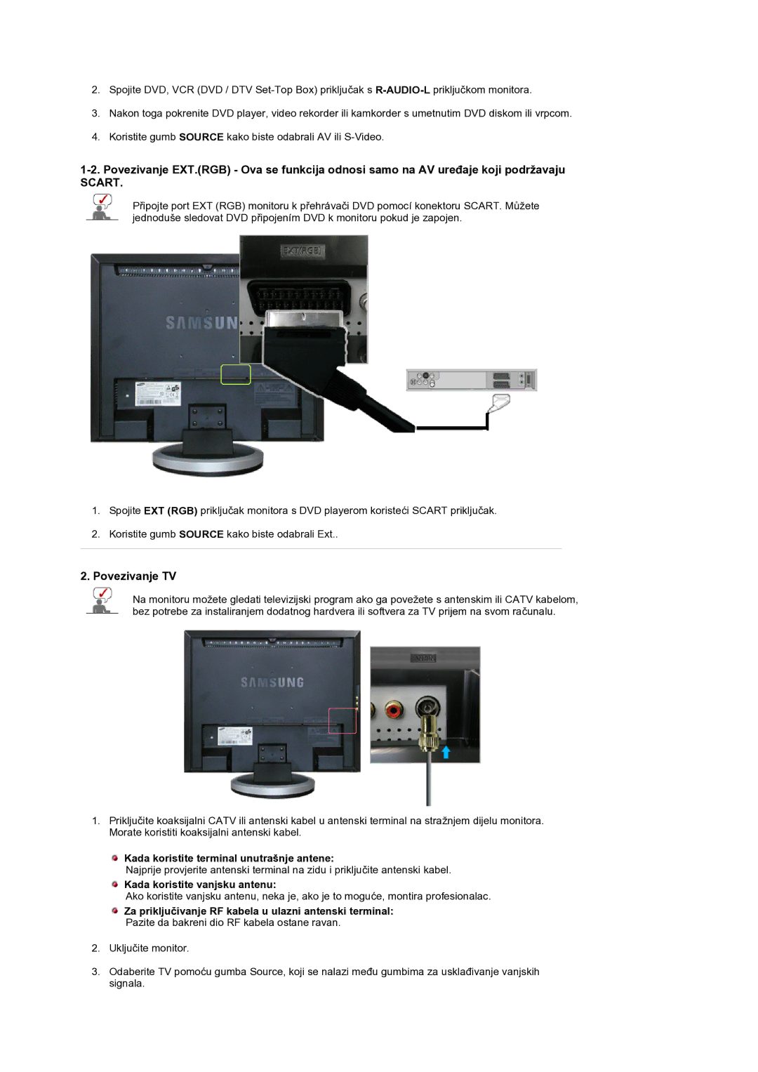 Samsung LS19DOCSSK/EDC manual Povezivanje TV, Kada koristite terminal unutrašnje antene, Kada koristite vanjsku antenu 