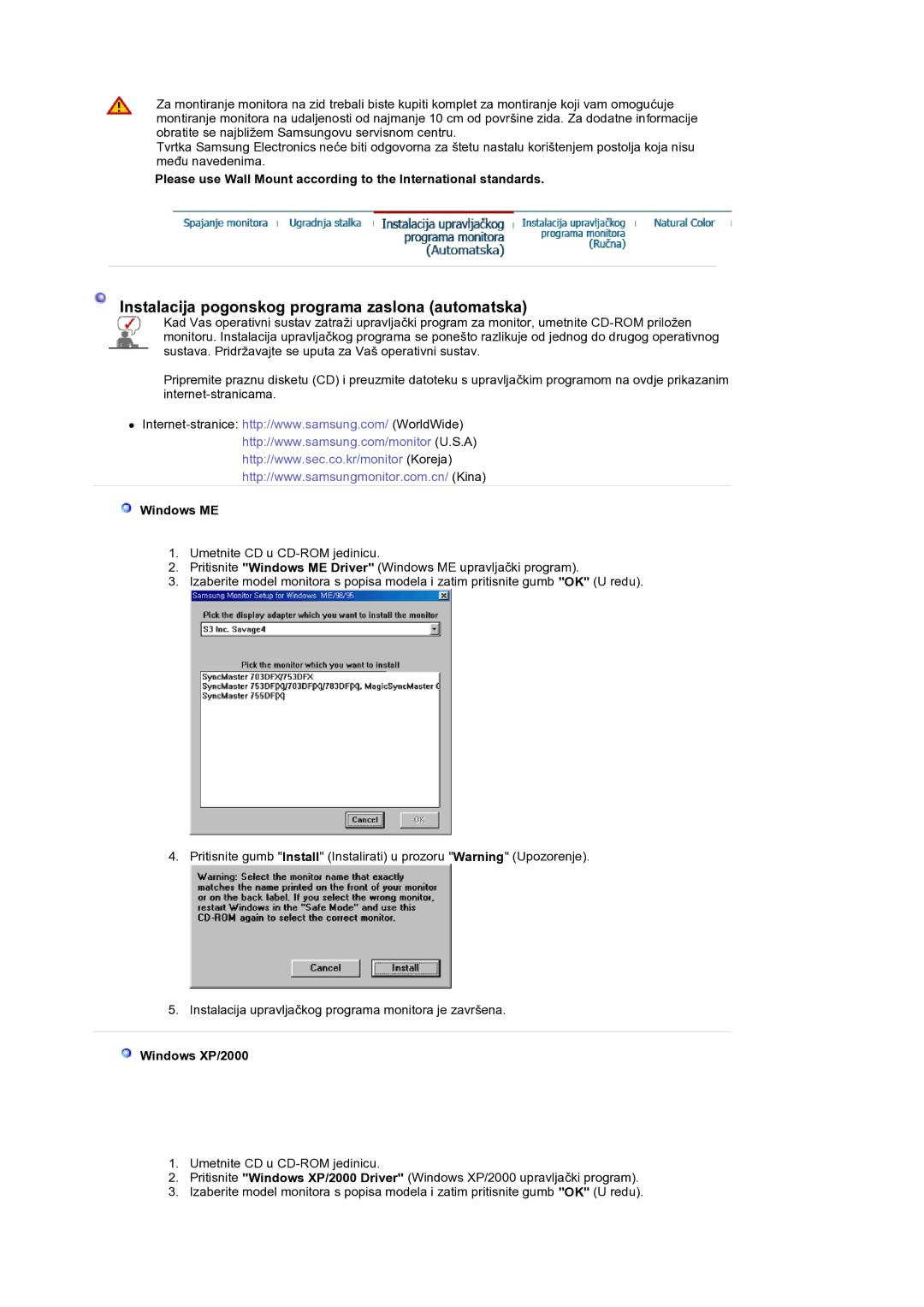 Samsung LS19DOCSSK/EDC manual Windows ME, Windows XP/2000 