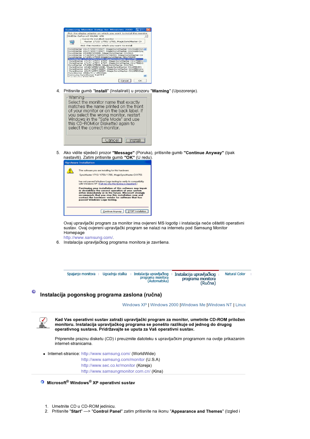 Samsung LS19DOCSSK/EDC manual Instalacija pogonskog programa zaslona ruþna, Microsoft Windows XP operativni sustav 