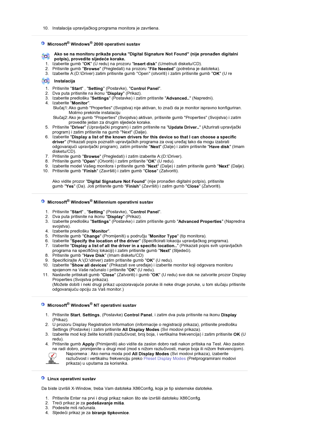 Samsung LS19DOCSSK/EDC Instalacija, Microsoft Windows Millennium operativni sustav, Microsoft Windows NT operativni sustav 