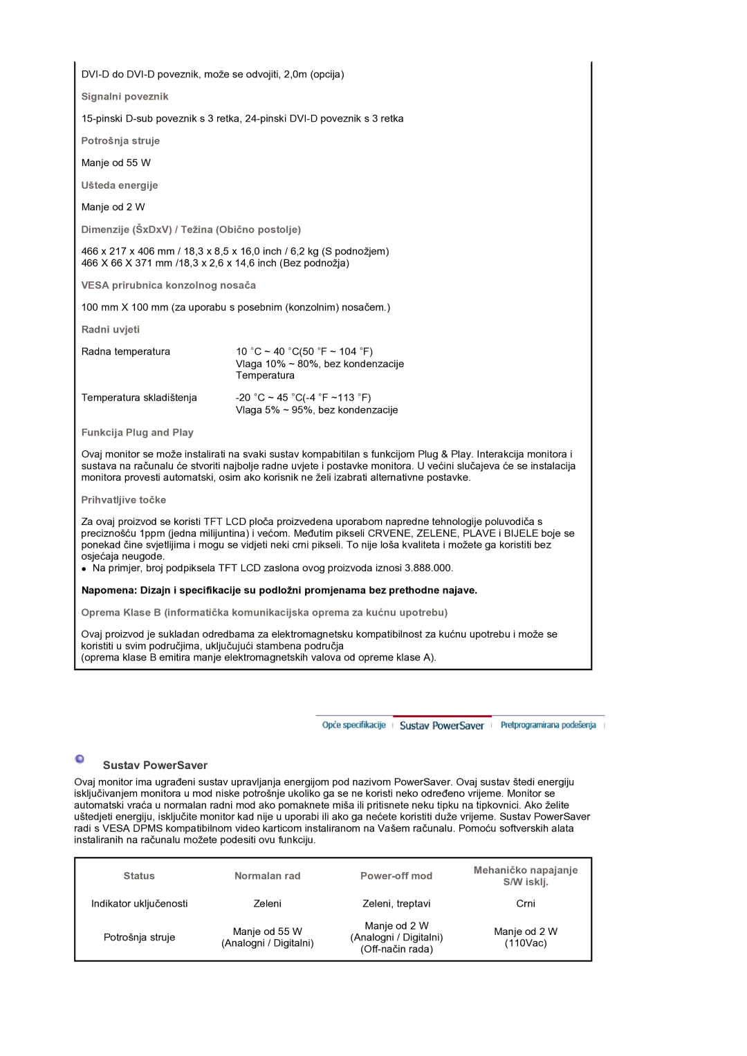 Samsung LS19DOCSSK/EDC manual Sustav PowerSaver 