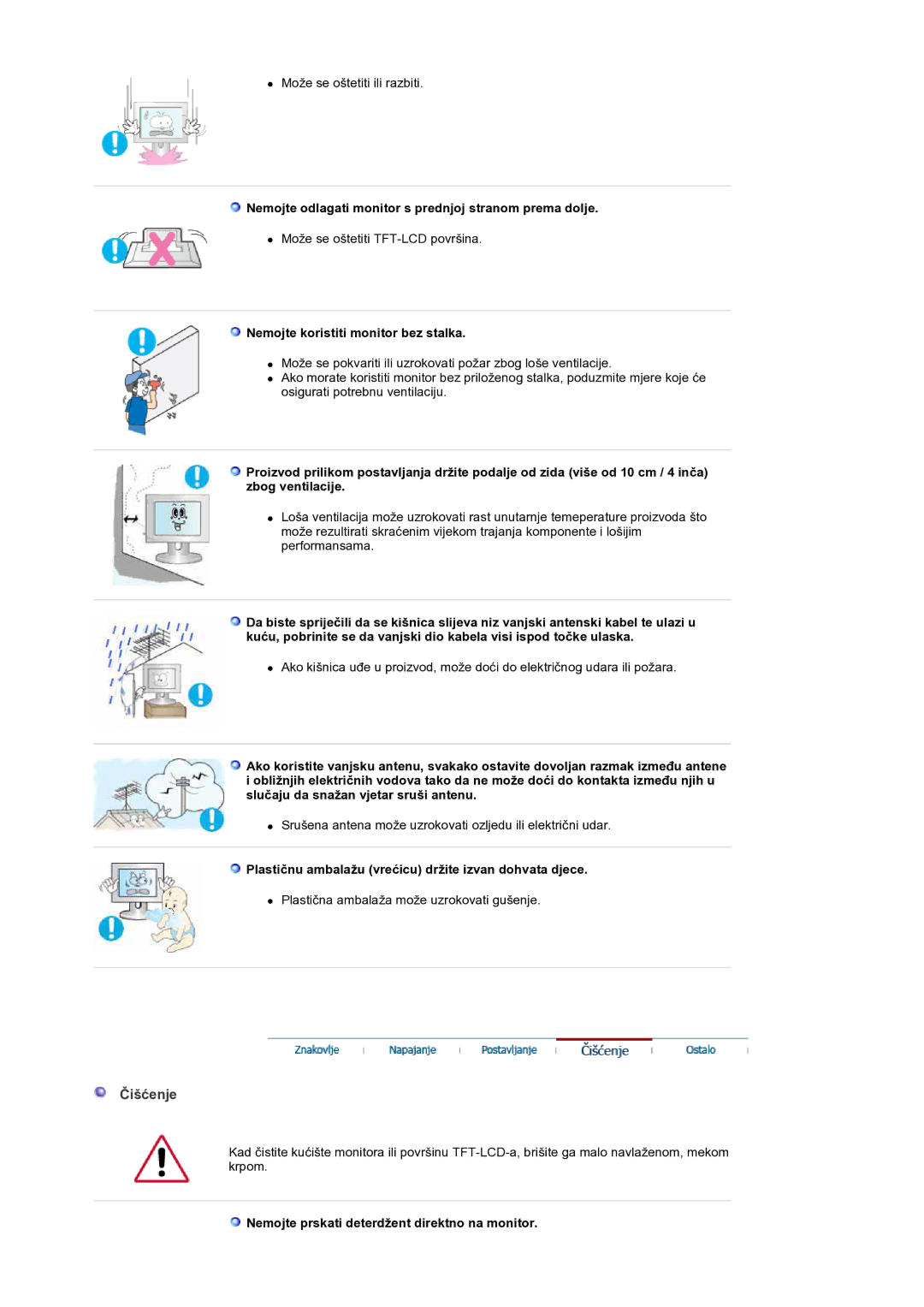 Samsung LS19DOCSSK/EDC manual Čišćenje, Nemojte odlagati monitor s prednjoj stranom prema dolje 