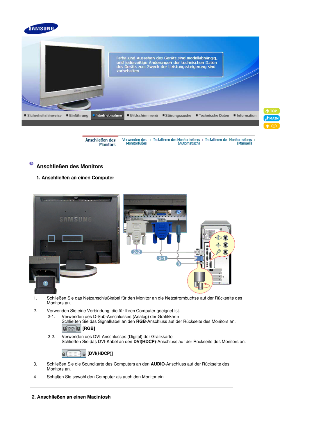 Samsung LS19DOVSS/EDC manual Anschließen an einen Computer, Anschließen an einen Macintosh 