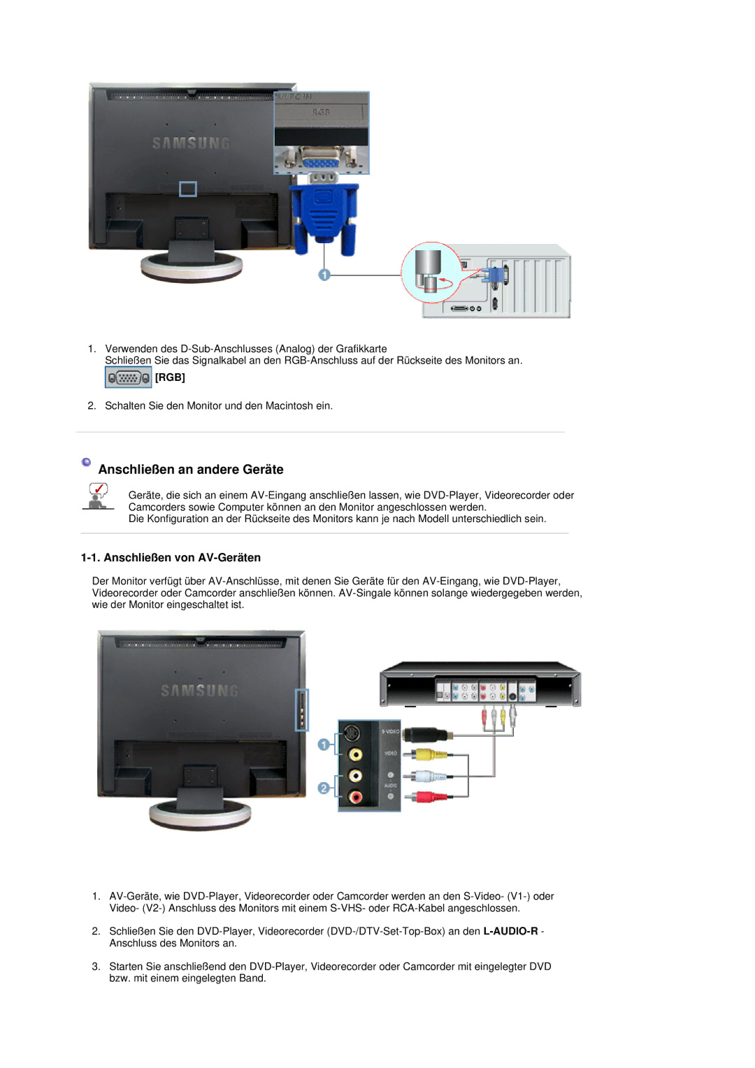 Samsung LS19DOVSS/EDC manual Anschließen an andere Geräte, Anschließen von AV-Geräten 