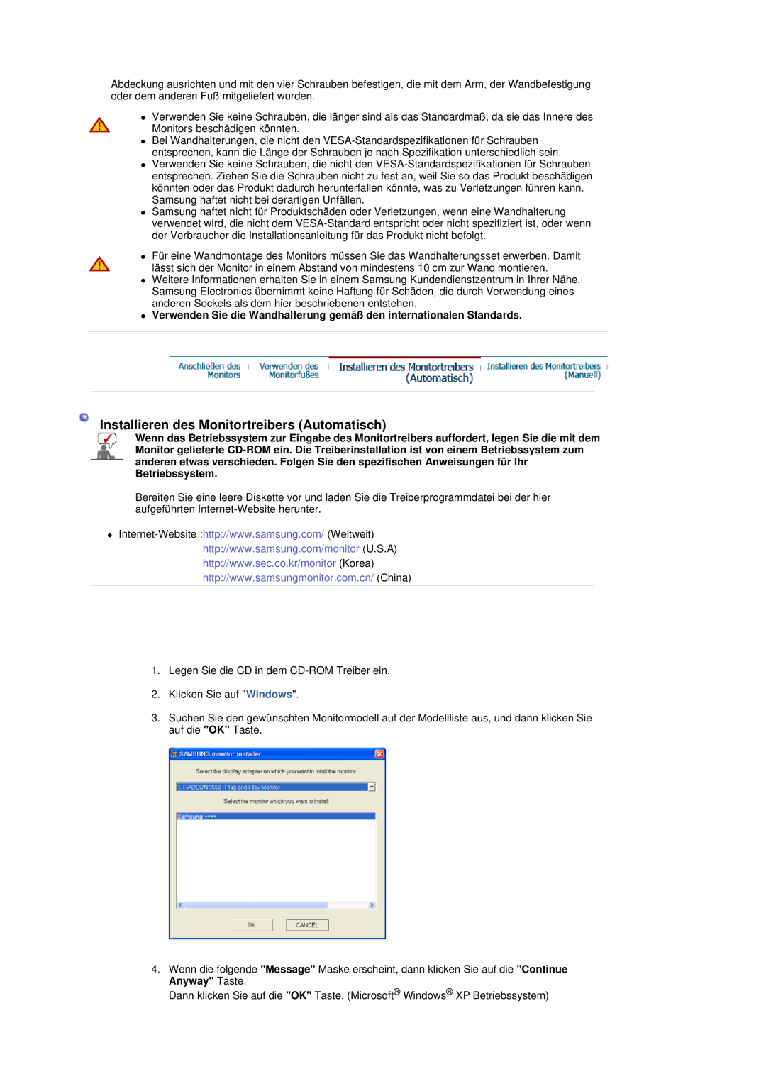 Samsung LS19DOVSS/EDC manual Installieren des Monitortreibers Automatisch 