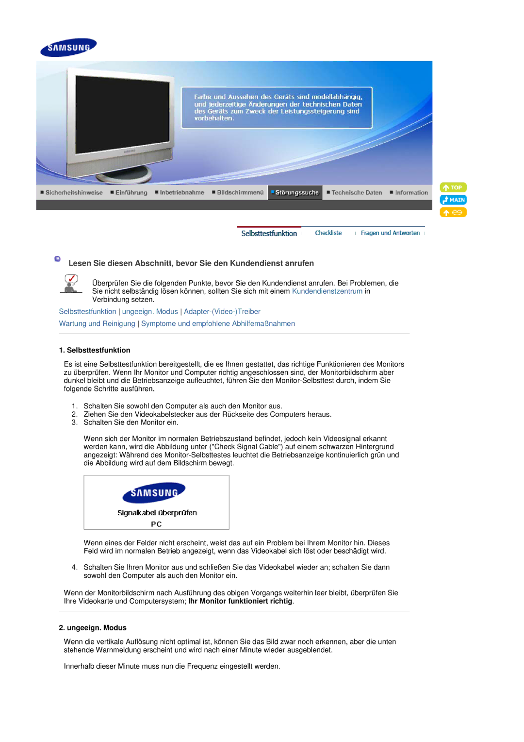 Samsung LS19DOVSS/EDC manual Selbsttestfunktion, Ungeeign. Modus 