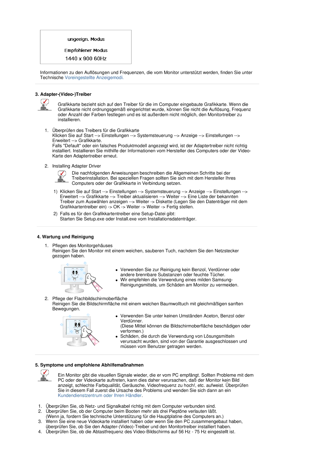 Samsung LS19DOVSS/EDC manual Adapter-Video-Treiber, Wartung und Reinigung, Symptome und empfohlene Abhilfemaßnahmen 