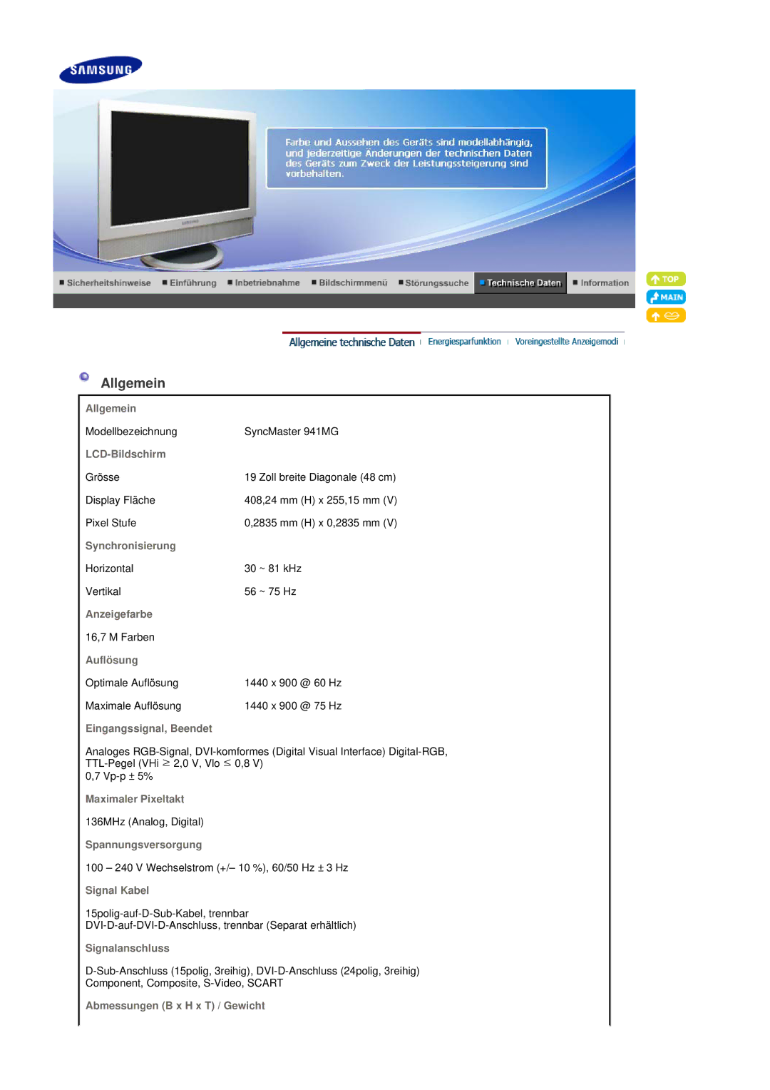 Samsung LS19DOVSS/EDC manual Modellbezeichnung SyncMaster 941MG 