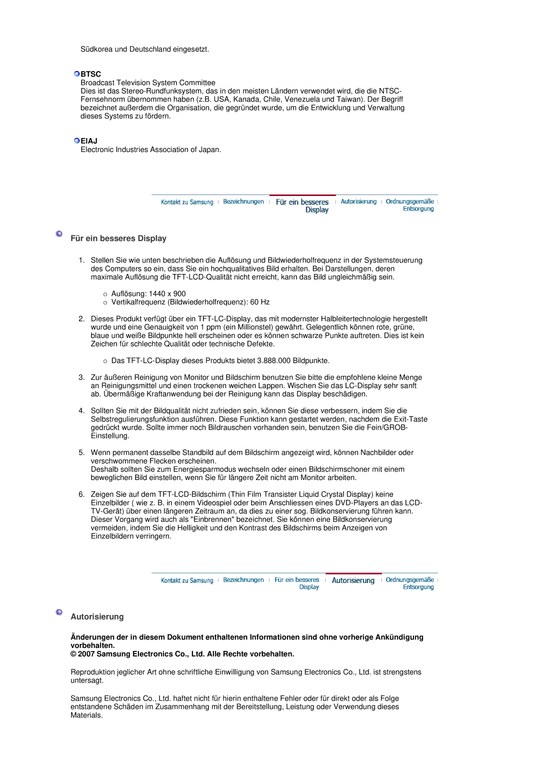 Samsung LS19DOVSS/EDC manual Für ein besseres Display, Autorisierung, Btsc, Eiaj 