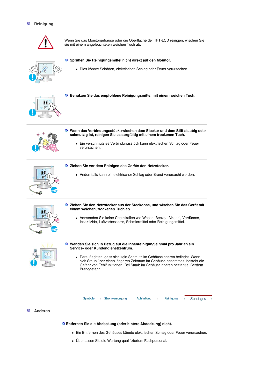 Samsung LS19DOVSS/EDC manual Anderes, Sprühen Sie Reinigungsmittel nicht direkt auf den Monitor 
