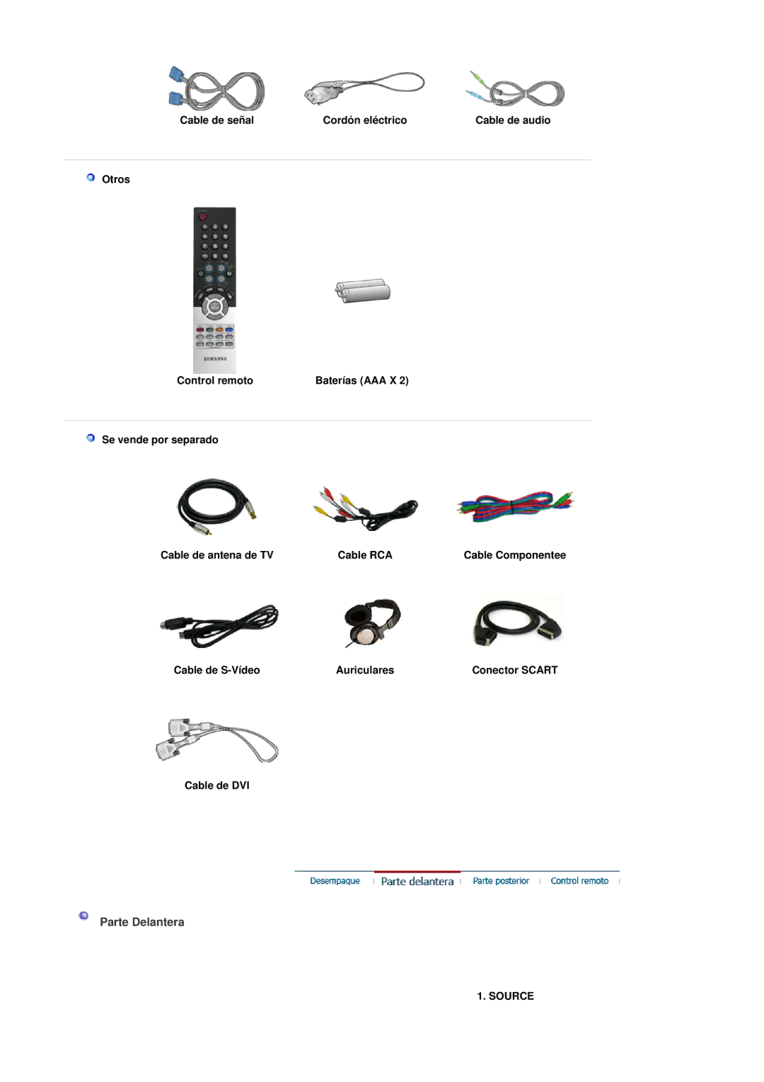 Samsung LS19DOVSS/EDC Parte Delantera, Cable de señal Cordón eléctrico, Cable de S-Vídeo Auriculares, Cable de DVI, Source 