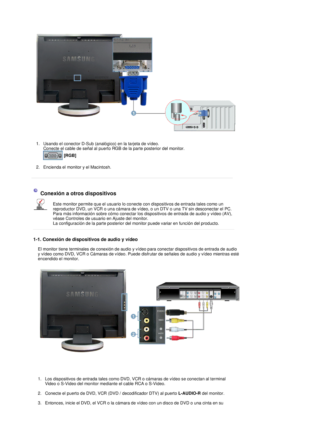 Samsung LS19DOVSS/EDC manual Conexión a otros dispositivos, Conexión de dispositivos de audio y vídeo 