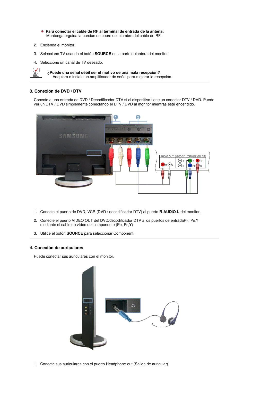 Samsung LS19DOVSS/EDC manual Conexión de DVD / DTV, Conexión de auriculares 