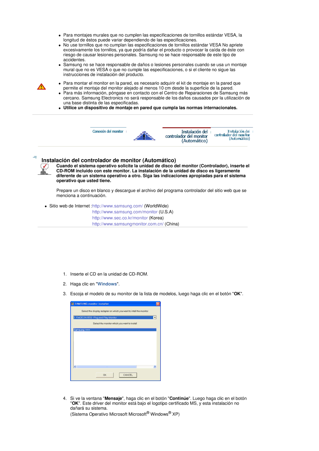 Samsung LS19DOVSS/EDC manual Instalación del controlador de monitor Automático 