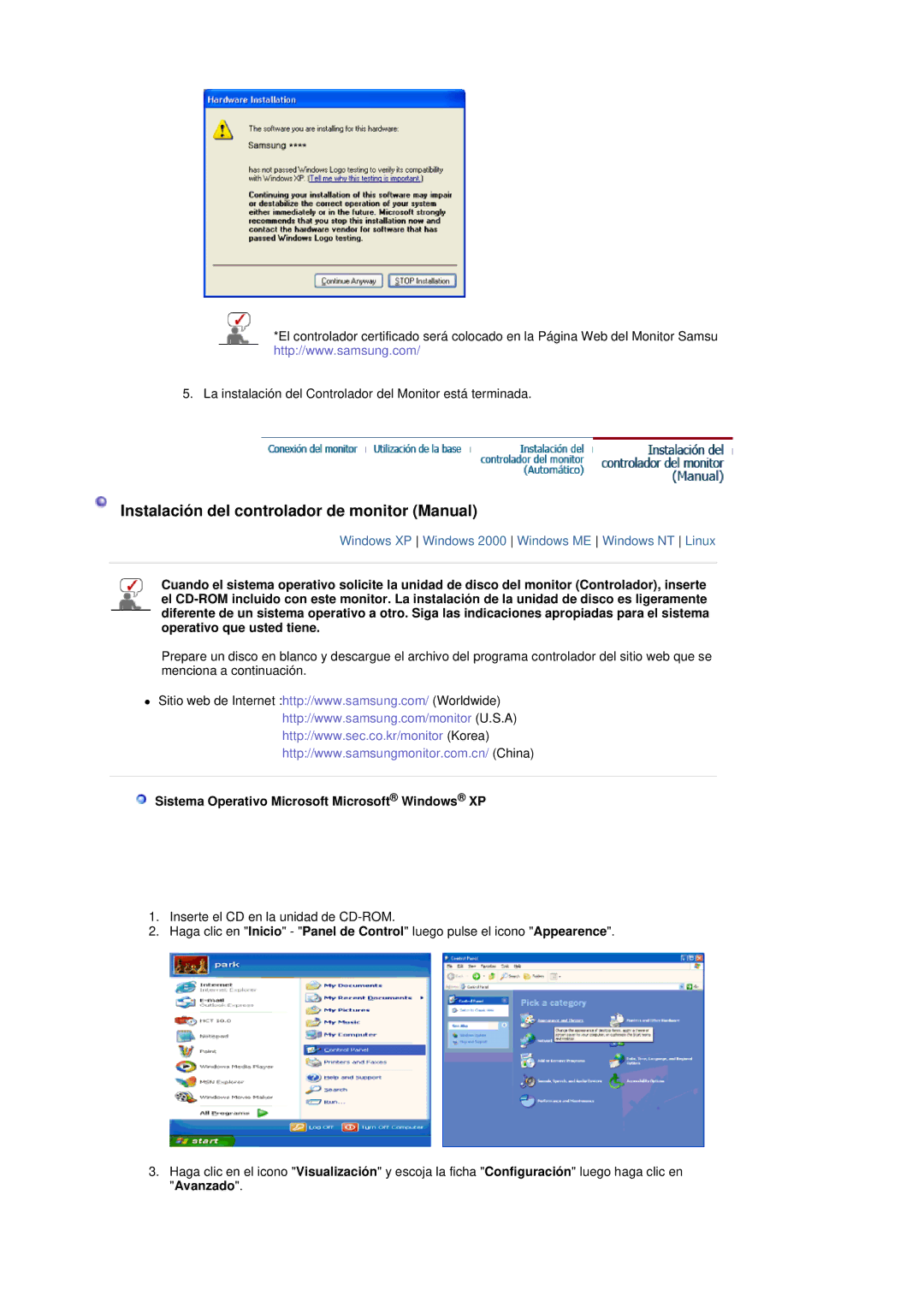 Samsung LS19DOVSS/EDC Instalación del controlador de monitor Manual, Sistema Operativo Microsoft Microsoft Windows XP 