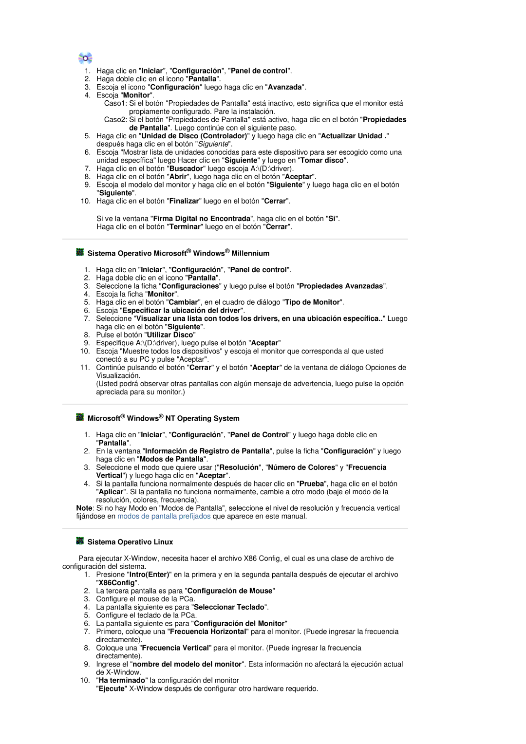 Samsung LS19DOVSS/EDC manual Haga clic en Iniciar, Configuración, Panel de control, Microsoft Windows NT Operating System 