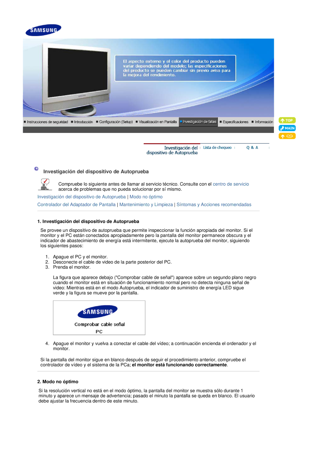 Samsung LS19DOVSS/EDC manual Investigación del dispositivo de Autoprueba, Modo no óptimo 