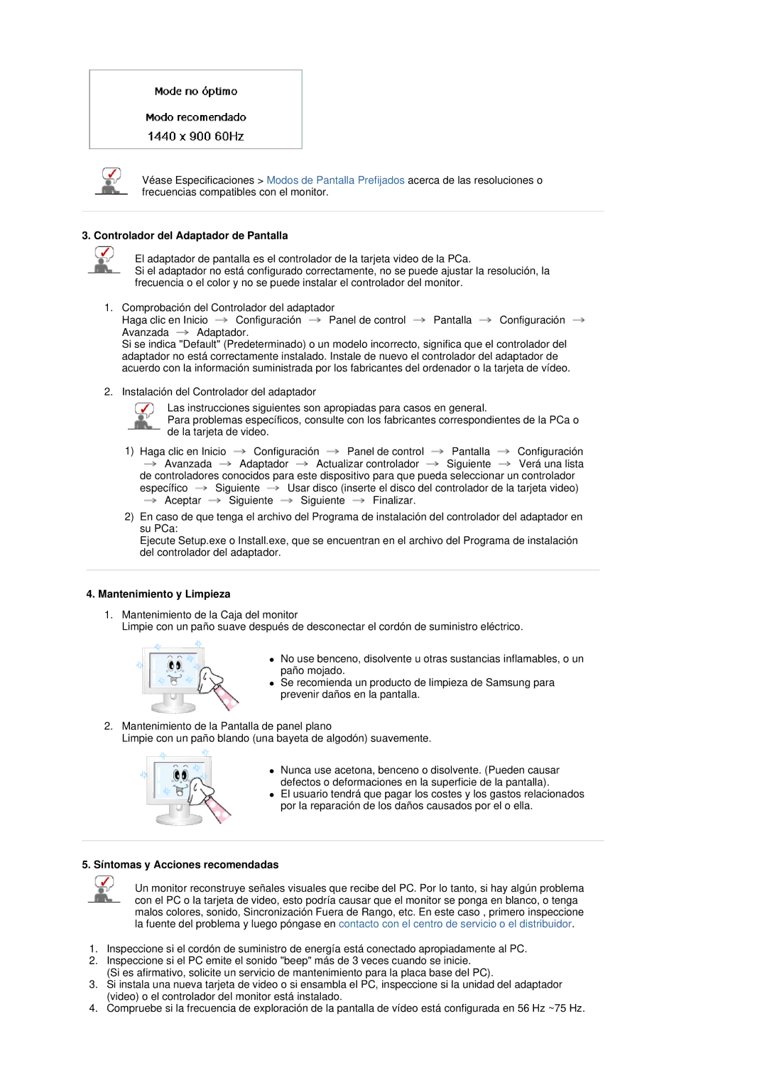 Samsung LS19DOVSS/EDC Controlador del Adaptador de Pantalla, Mantenimiento y Limpieza, Síntomas y Acciones recomendadas 