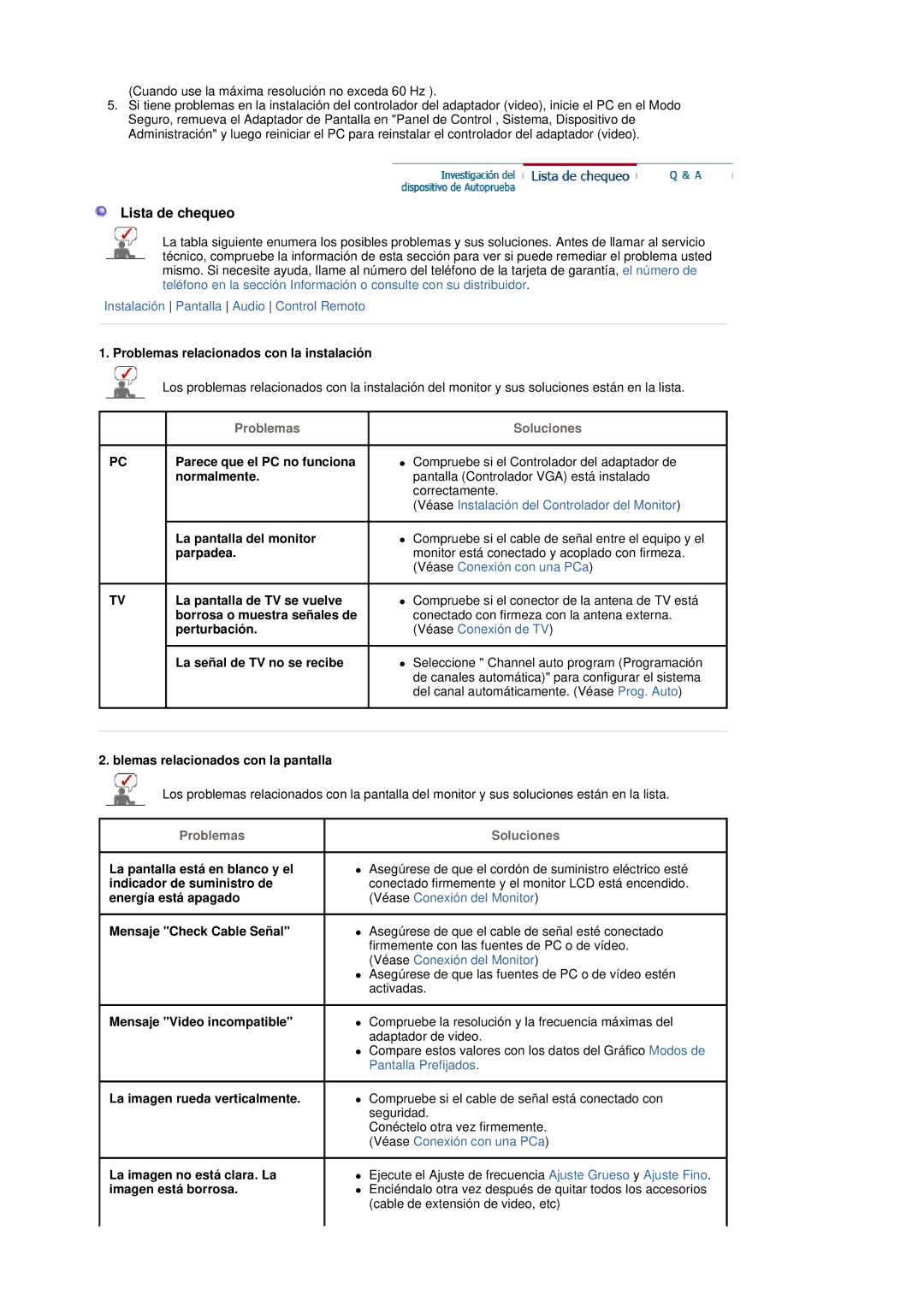 Samsung LS19DOVSS/EDC manual Lista de chequeo, Problemas, Soluciones 