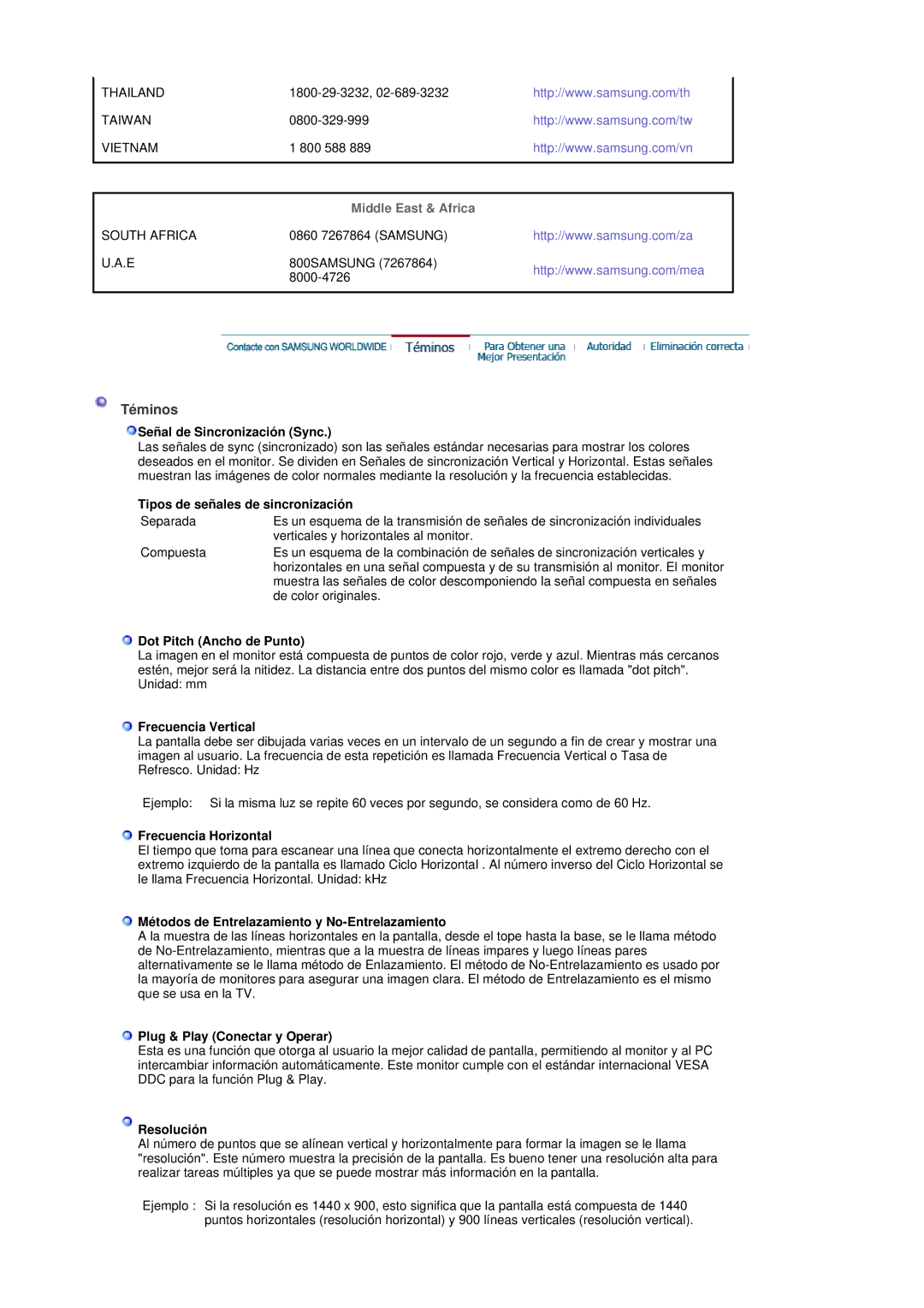 Samsung LS19DOVSS/EDC manual Téminos, Middle East & Africa 