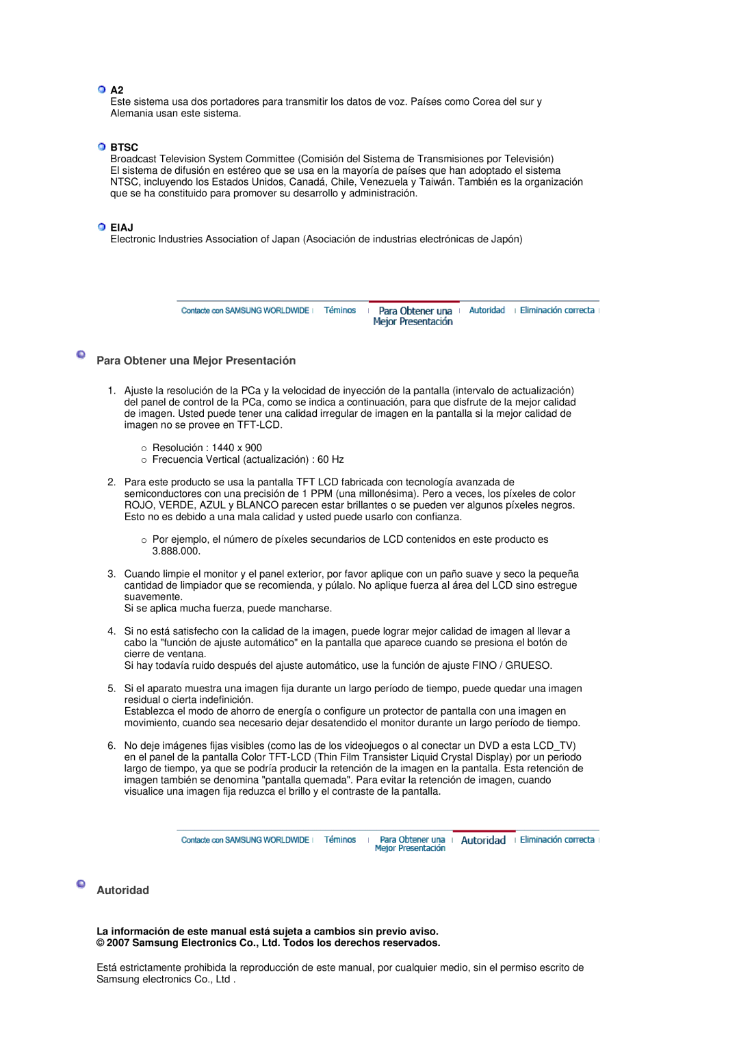 Samsung LS19DOVSS/EDC manual Para Obtener una Mejor Presentación, Autoridad, Btsc, Eiaj 