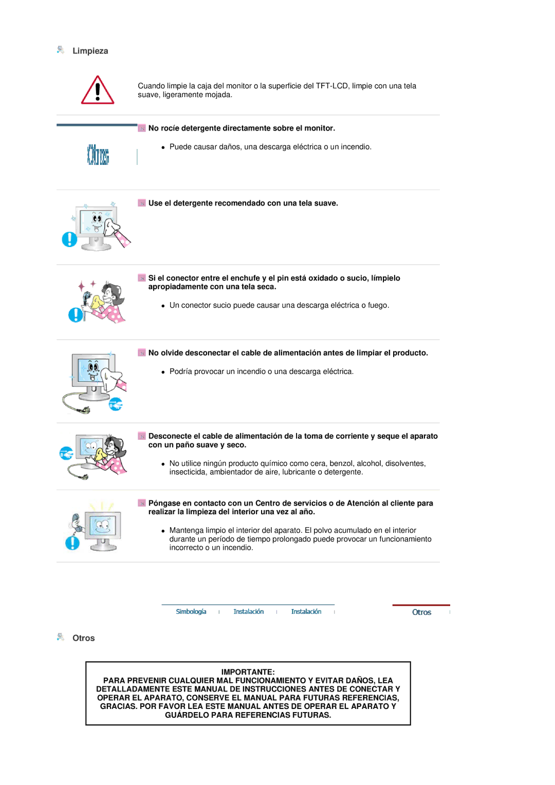 Samsung LS19DOVSS/EDC manual Limpieza, Otros, No rocíe detergente directamente sobre el monitor 