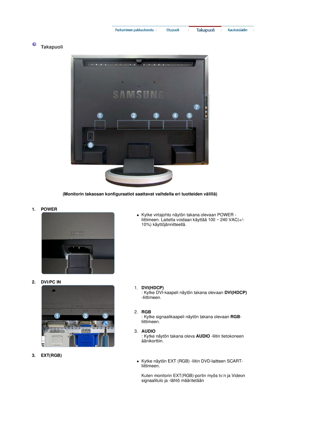 Samsung LS19DOVSS/EDC manual Takapuoli, Power, DVI/PC Dvihdcp, Audio, Extrgb 