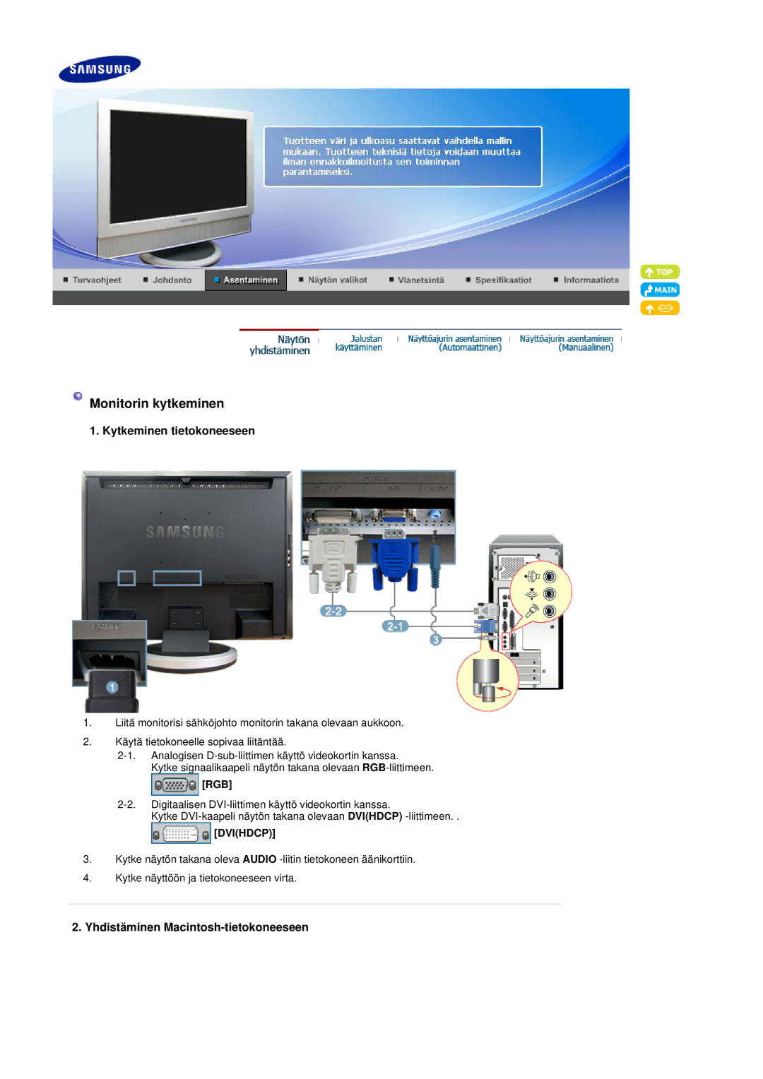 Samsung LS19DOVSS/EDC manual Kytkeminen tietokoneeseen, Yhdistäminen Macintosh-tietokoneeseen 