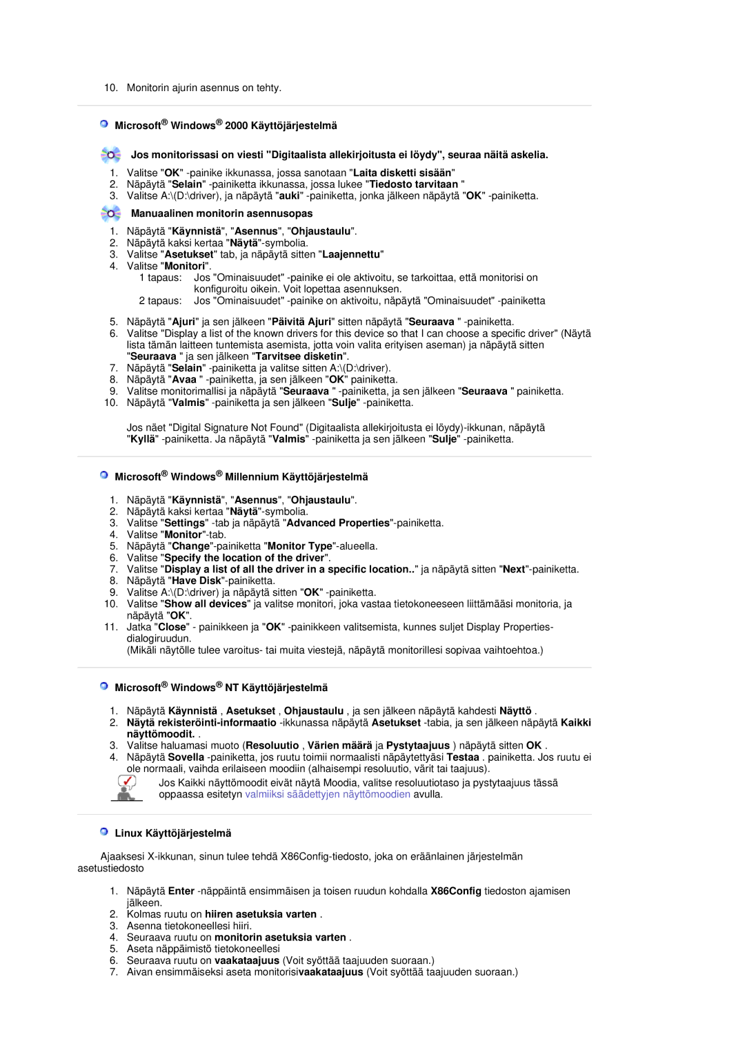 Samsung LS19DOVSS/EDC manual Microsoft Windows NT Käyttöjärjestelmä, Linux Käyttöjärjestelmä 